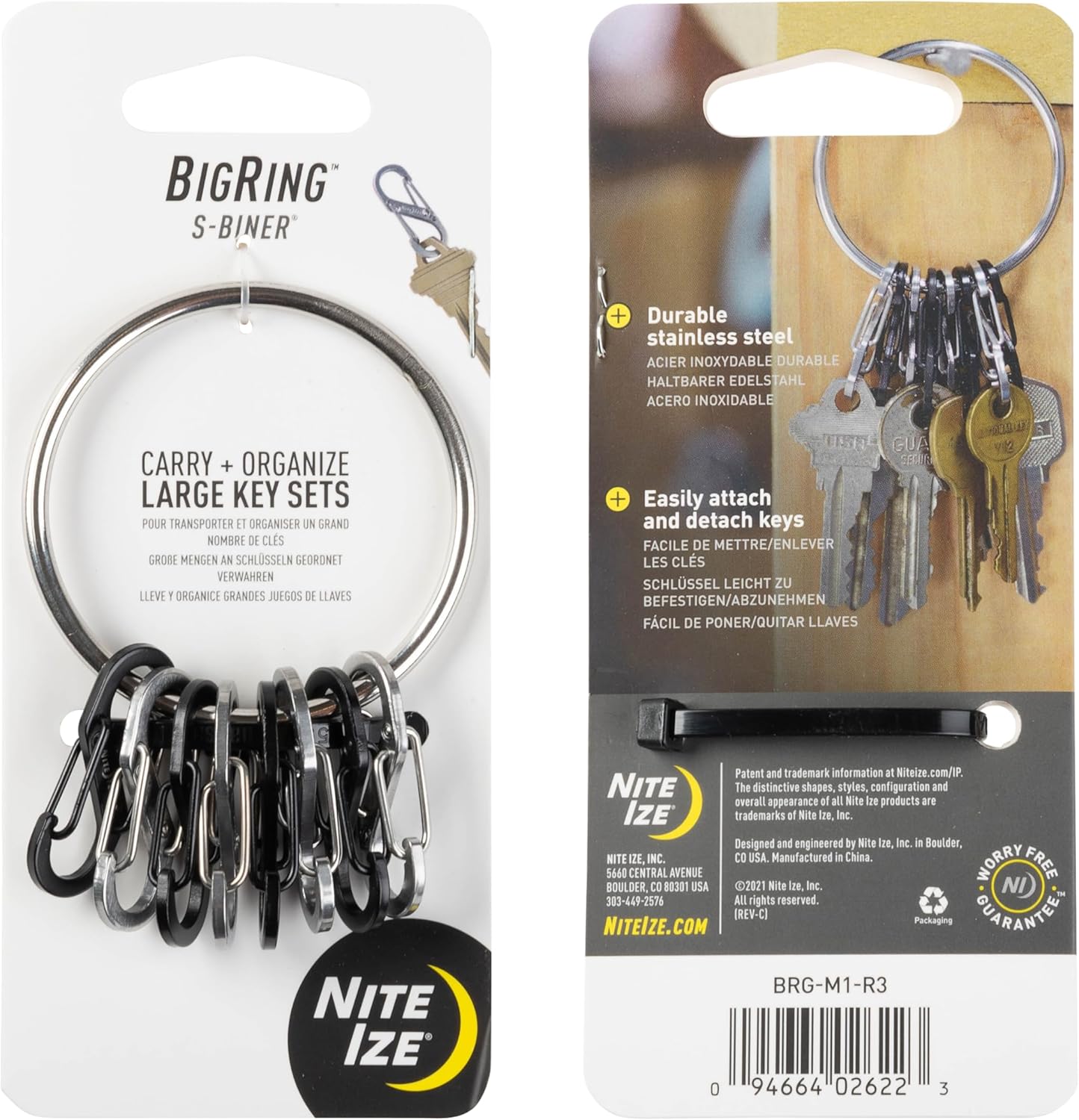 Nite Ize BigRing Steel S-Biner - Key Holder with Carabiners - Heavy-Duty Organizer with Black & Stainless Steel S-Biners
