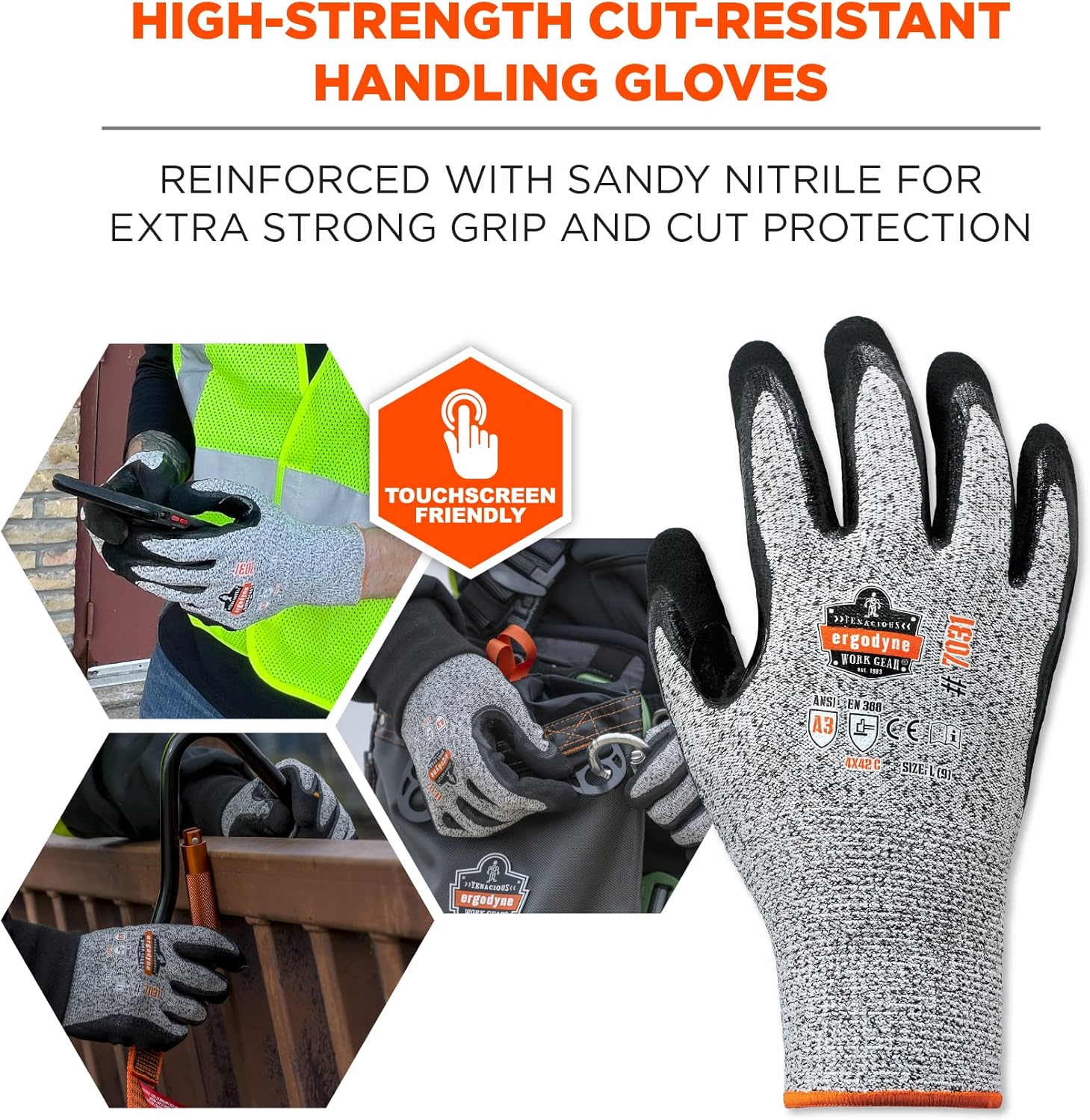 Ergodyne unisex adult Cut Resistant Work Gloves, A3, Surfaces, ANSI A3 Sandy Nitrile Coated Palms for Optimal Grip - of 1 US