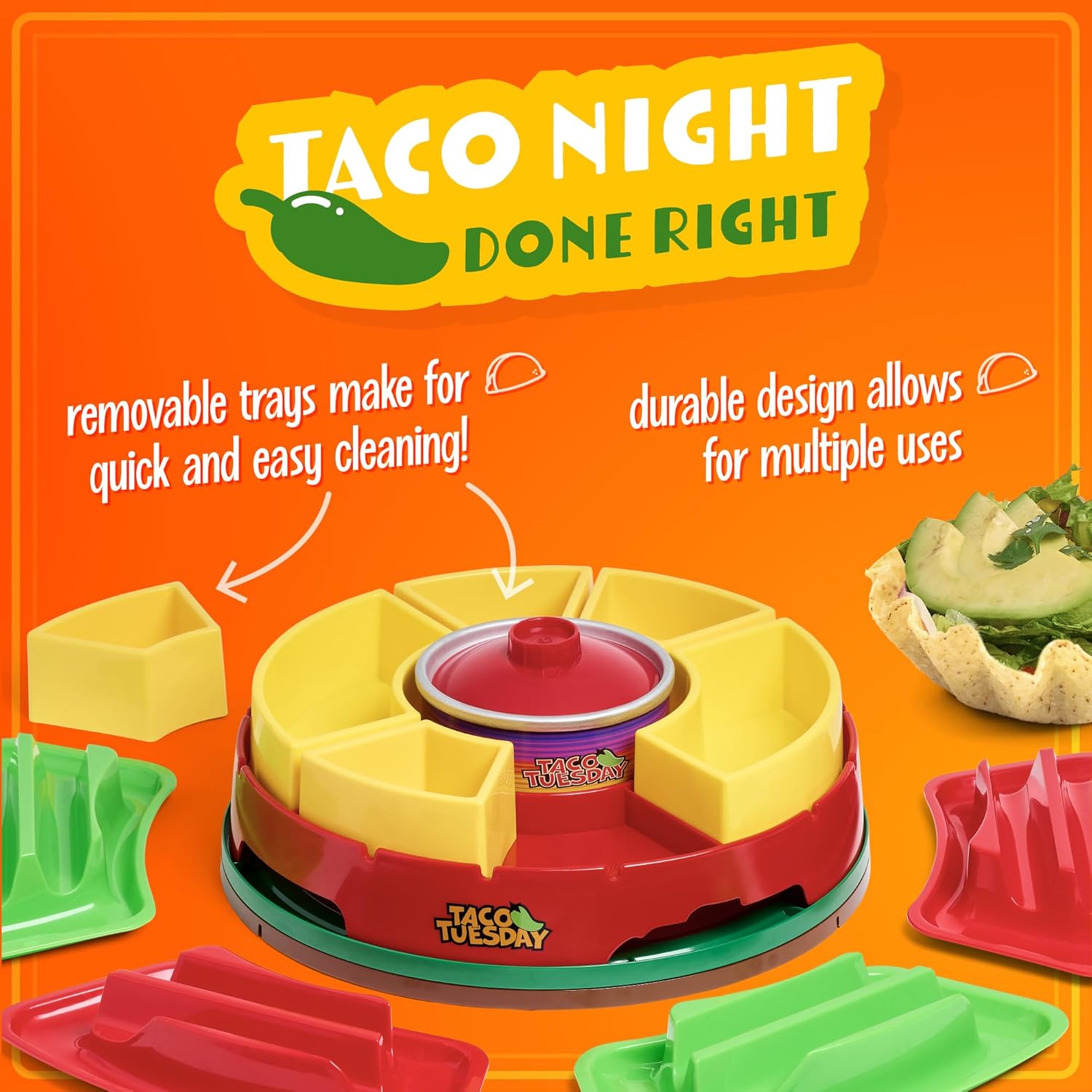 Nostalgia Taco Tuesday Heated Lazy Susan Taco Bar Serving Set for a Party with 4 Tortilla Holders, Fondue Pot for Burritos