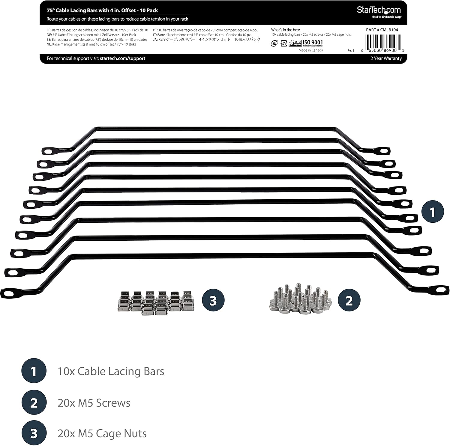 StarTech.com 1U Horizontal Cable Lacing Bar for 19in Racks