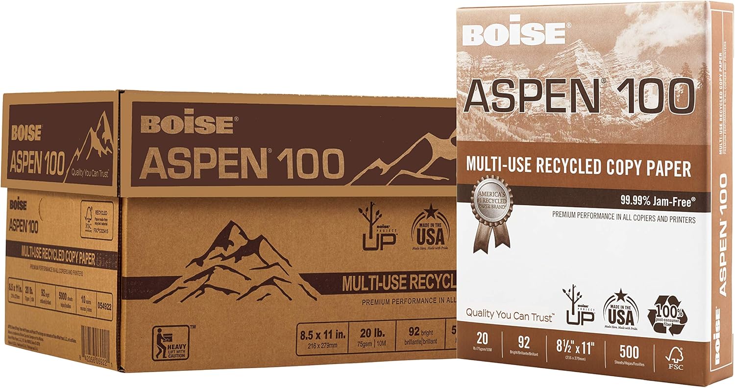 Boise Paper 100% Recycled Multi-Use Copy Paper, 8.5" x 11", 20 lb, 10 Ream Carton (5,000 Sheets)