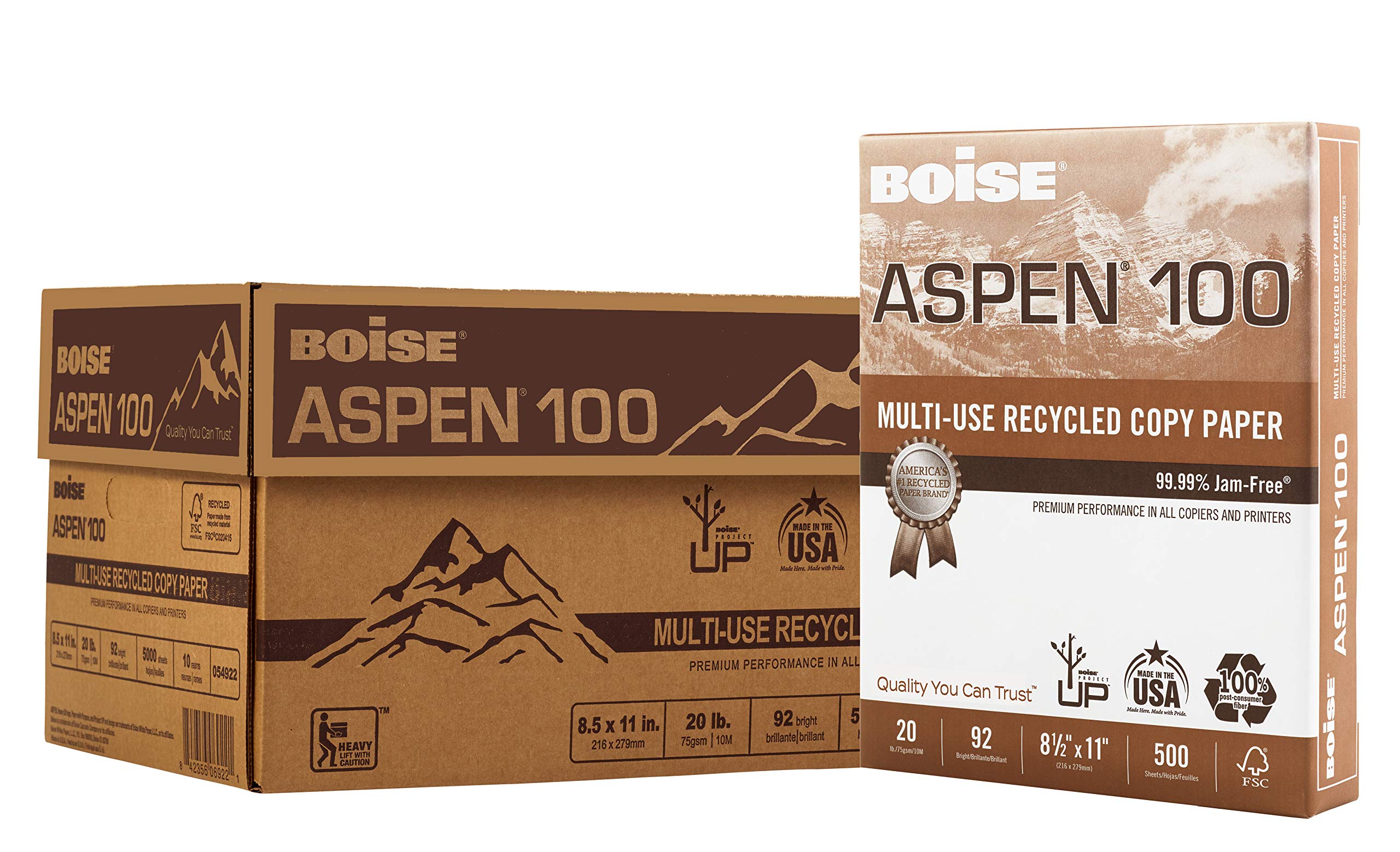 Boise Paper 100% Recycled Multi-Use Copy Paper, 8.5" x 11", 20 lb, 10 Ream Carton (5,000 Sheets)