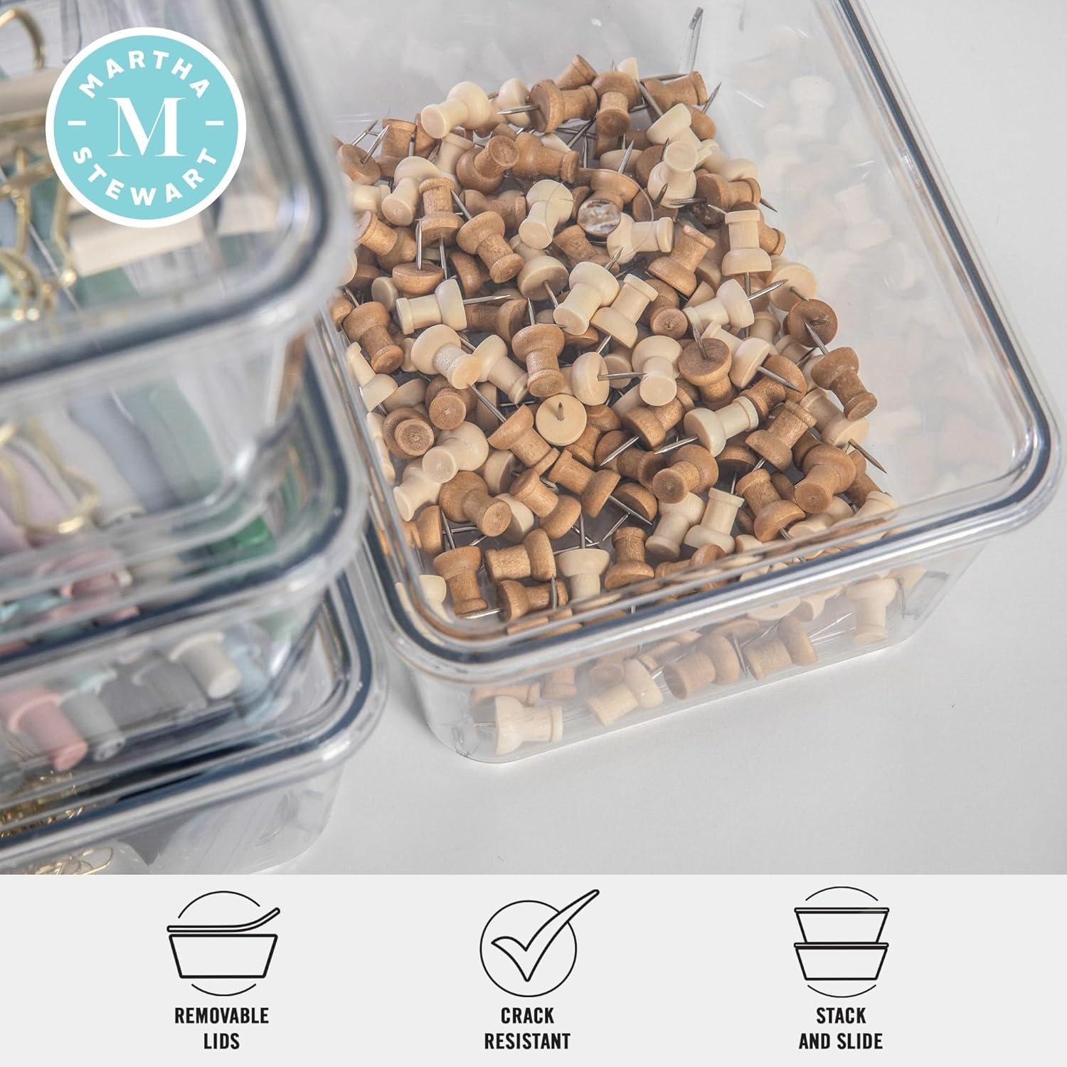 Martha Stewart Brody Plastic Storage Organizer Bins with Transparent Lids for Home Office, Kitchen, or Bathroom, 4 Pack