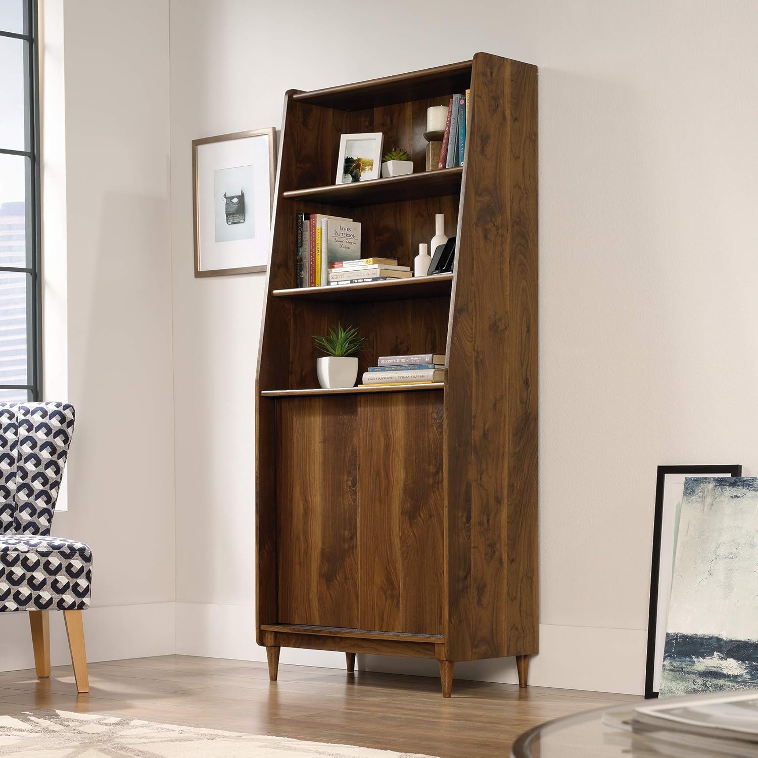 Sauder Harvey Park 71inH 5-Shelf Bookcase With Doors, Grand Walnut