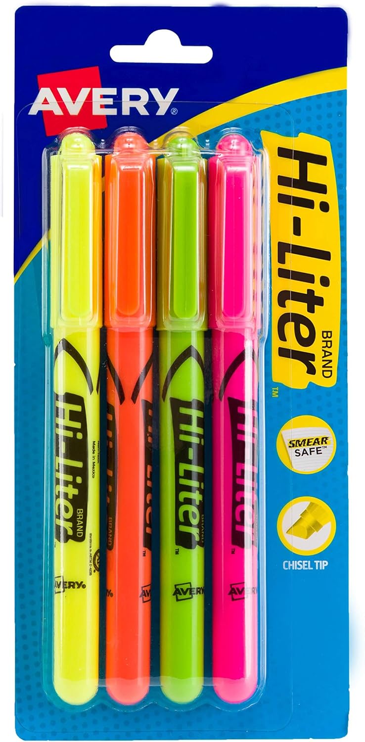 AVERY Hi-Liter Pen-Style Highlighters, Smear Safe Ink, Chisel Tip, 4 Assorted Color Highlighters (23545) 4 Count (Pack of 1)