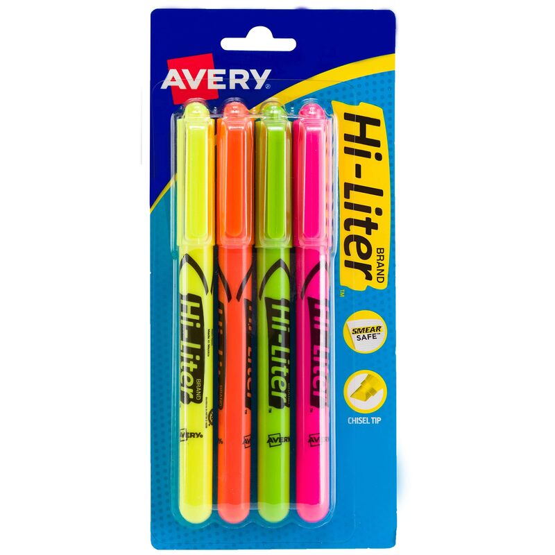 AVERY Hi-Liter Pen-Style Highlighters, Smear Safe Ink, Chisel Tip, 4 Assorted Color Highlighters (23545) 4 Count (Pack of 1) 4 highlighters