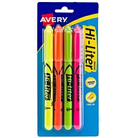 AVERY Hi-Liter Pen-Style Highlighters, Smear Safe Ink, Chisel Tip, 4 Assorted Color Highlighters (23545) 4 Count (Pack of 1) 4 highlighters