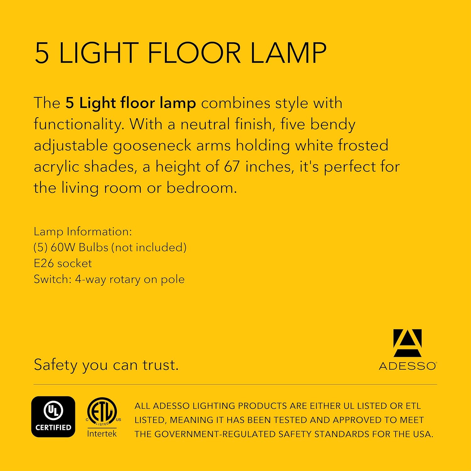 Adesso 7205-22 Multi-White Shade Floor Lamp, Adjustable Gooseneck Arms, Silver