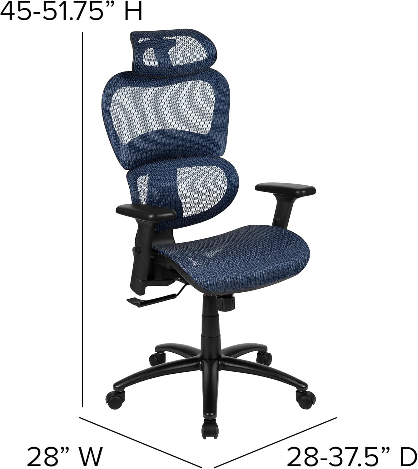 Flash Furniture LO Ergonomic Mesh Office Chair with 2-to-1 Synchro-Tilt, Adjustable Headrest, Lumbar Support - Arms in Blue
