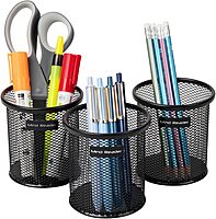 Mind Reader Pen and Accessories Holder, Desktop Organizer, Office, Metal Mesh, 3.5" L x 3.5" W x 3.75" H, Set of 3, Black
