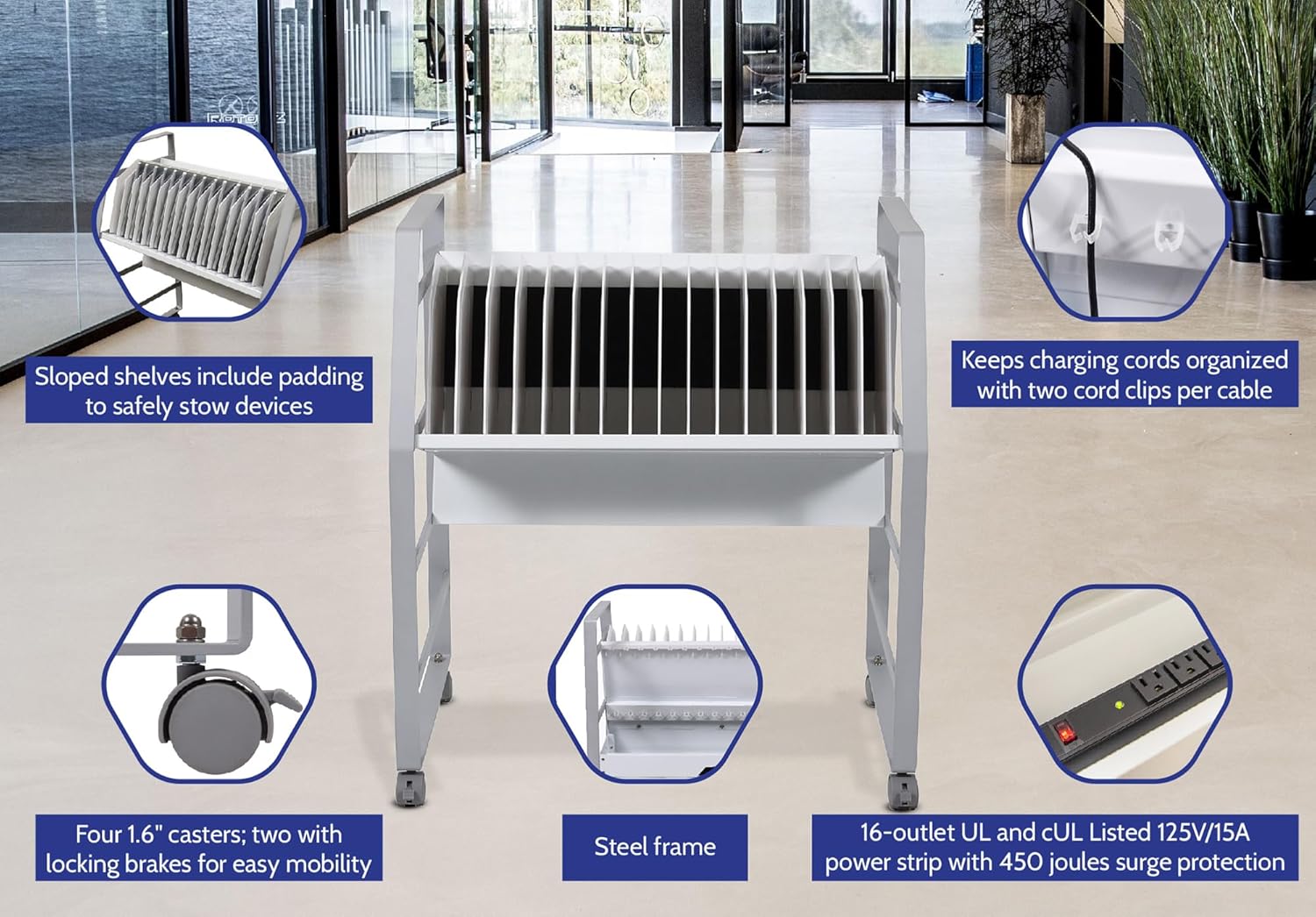 LUXOR 16-Tablet / Chromebook Open Charging Cart, Easily Accessible, UL and cUL Listed 125V/15A Power Strip (LOTM16)