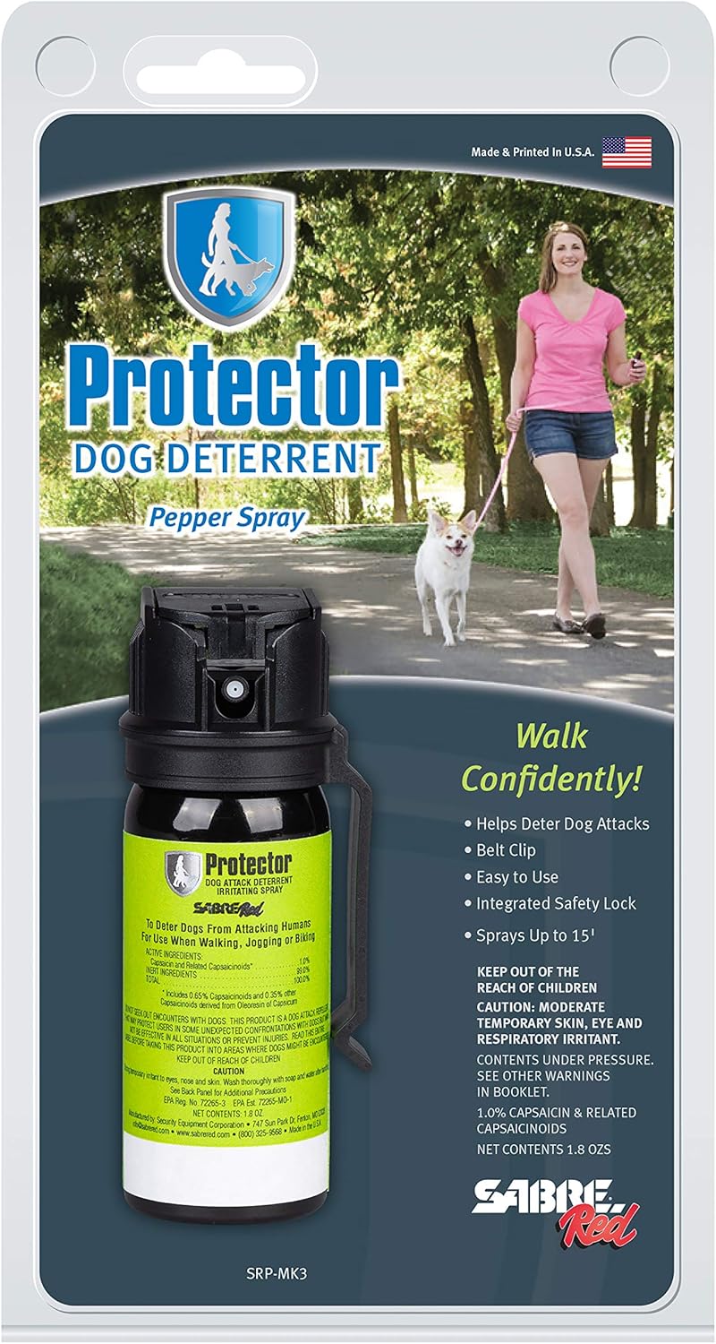 SABRE RED SABRE Protector Dog Pepper Spray & Belt Clip, Fast Flip Top Safety, 7 Bursts, 15-Foot (4.6-Meter) Range
