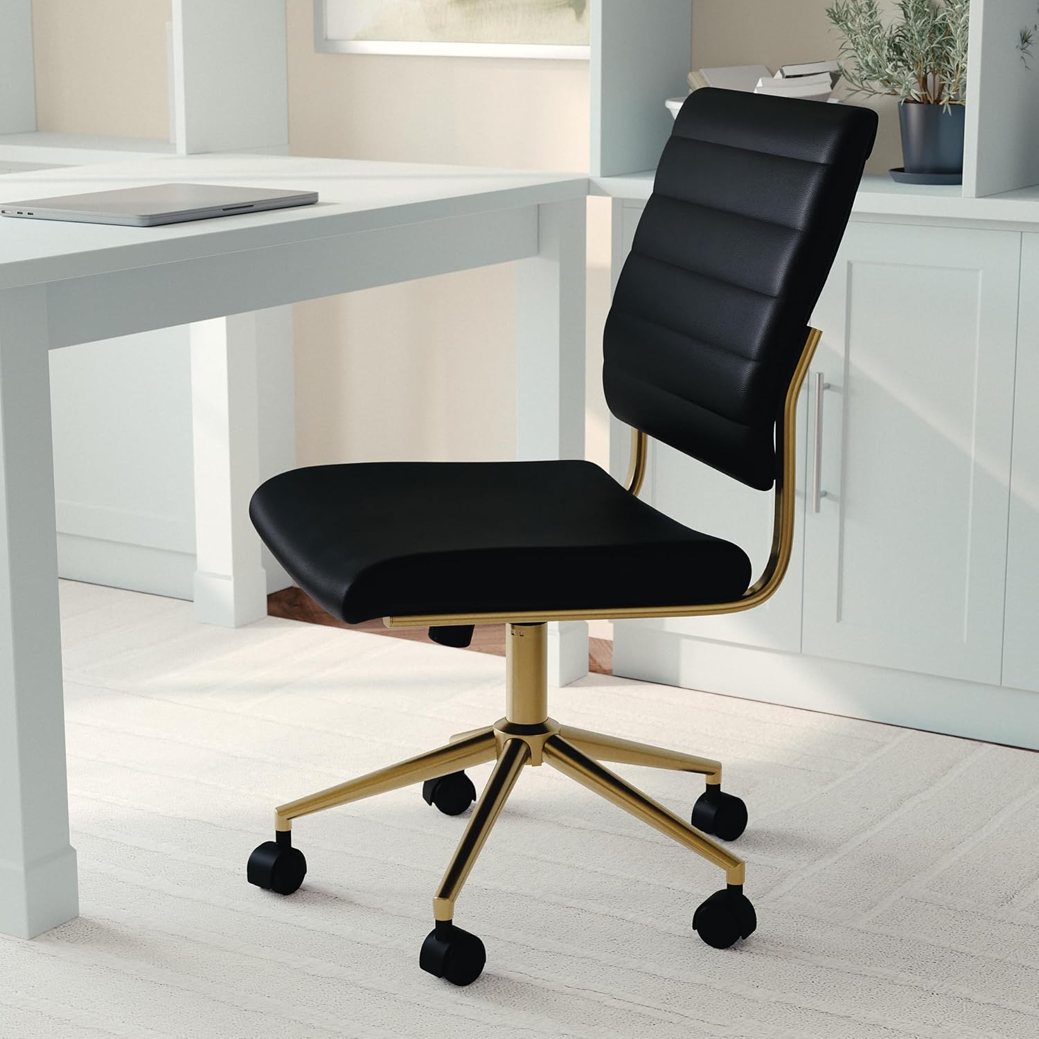 Martha Stewart Ivy Armless Swivel Task Chair in Faux Leather with Polished Brass Frame