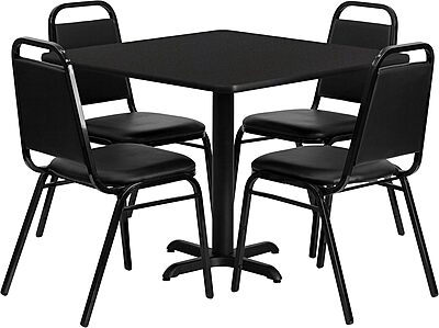 Flash Furniture 5-Piece 36" Square Laminate Dining Table/Chairs Set, Restaurant Dining Set with Table, X-Base, and 4 Trapezoidal Back Chairs, Black Black Top/Black Vinyl Seat