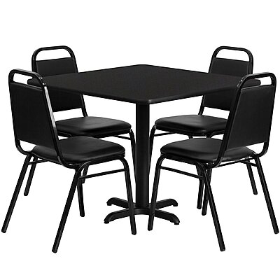 Flash Furniture 5-Piece 36" Square Laminate Dining Table/Chairs Set, Restaurant Dining Set with Table, X-Base, and 4 Trapezoidal Back Chairs, Black Black Top/Black Vinyl Seat