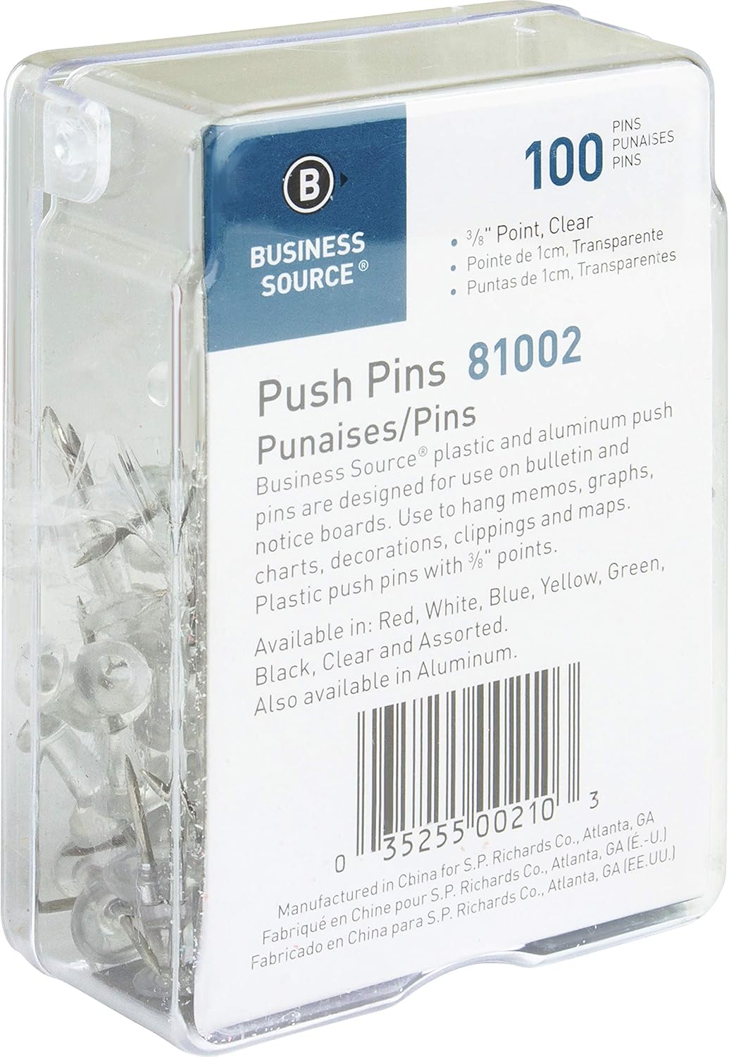 Business Source 1/2" Head Push Pins, Clear - Box of 100