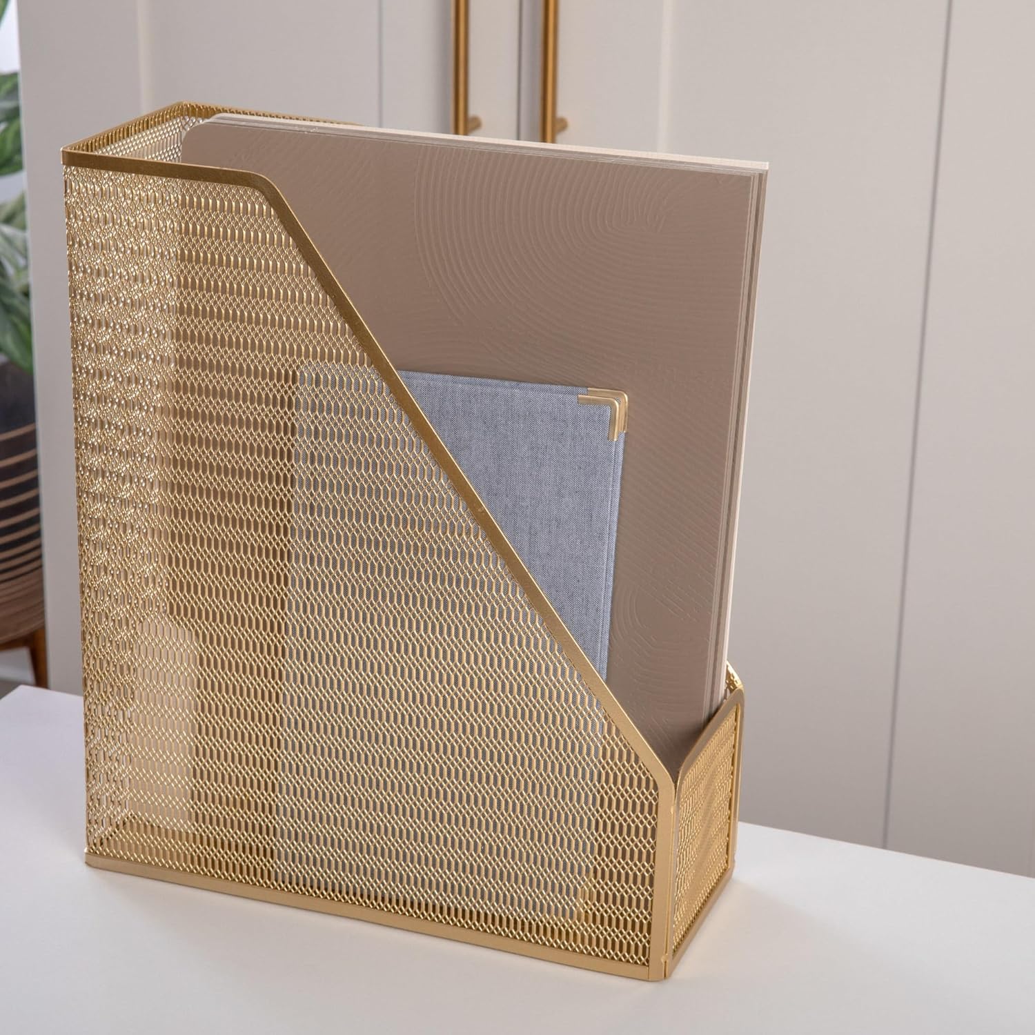 Martha Stewart Ryder Mesh Metal Single-Slot Magazine File Holder Desktop Organizer, 11-1/2inH x 3-3/4inW x 9-3/4inD, Gold