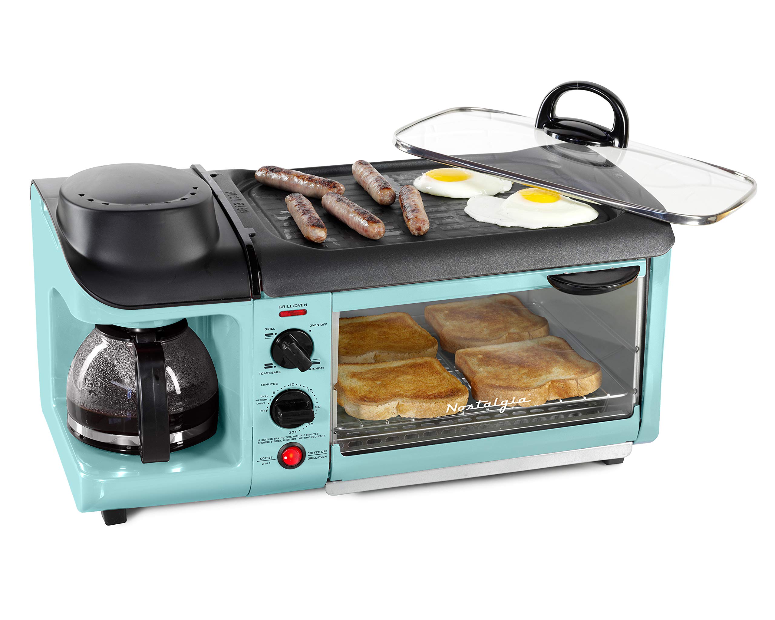 Nostalgia 3-in-1 Breakfast Station - Coffee Maker, Non-Stick Griddle, 4-Slice Toaster Oven