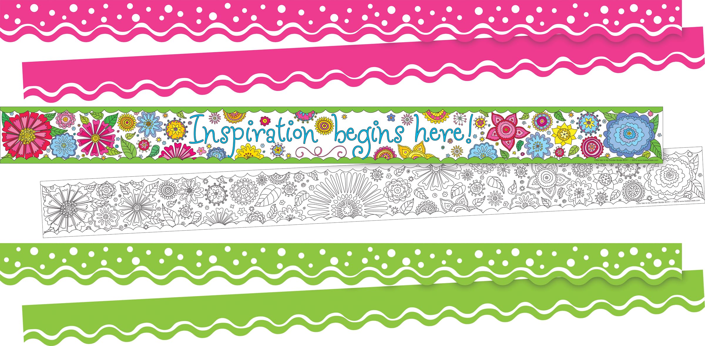 Barker Creek Double-Sided Border, Scalloped & Straight Edge, Garden Oasis, Trim Out Bulletin Boards and Create Colorful Displays with 113' of Designer Double-Sided Border, Set of 3 (4027)