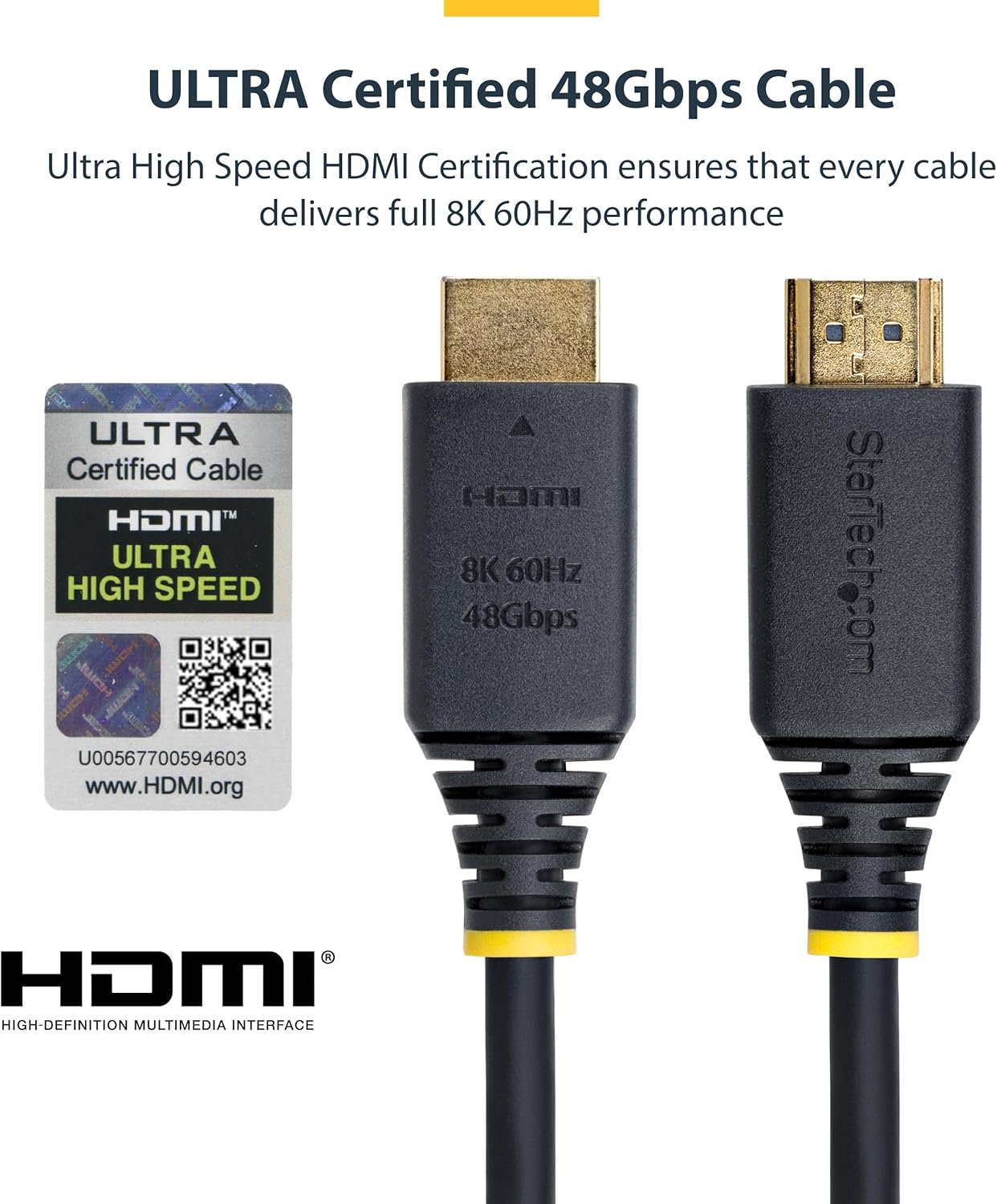 StarTech.com 50cm (1.6ft) Certified Ultra High Speed HDMI Cable, 8K 60Hz/4K 120Hz, HDMI 2.1 Cord with HDR10+ / eARC, 48Gbps