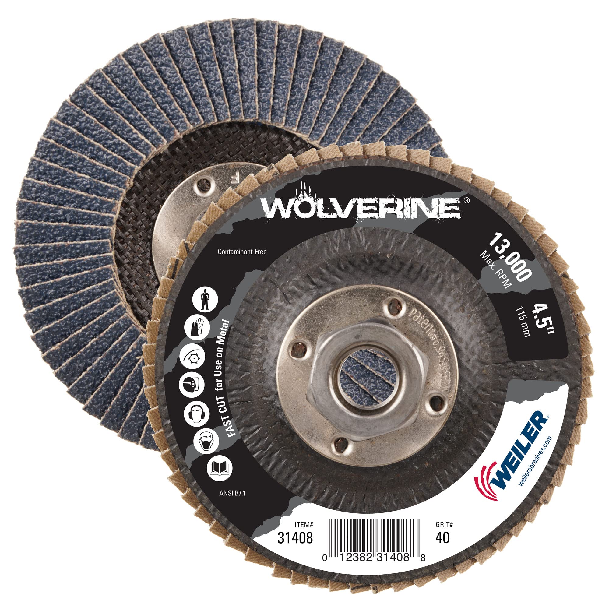 Weiler 31408 Wolverine 4-1/2" x 5/8"-11 UNC NUT Abrasive Flap Disc, 40 Grit Zirconia Alumina, Flat Type 27, Phenolic Backing