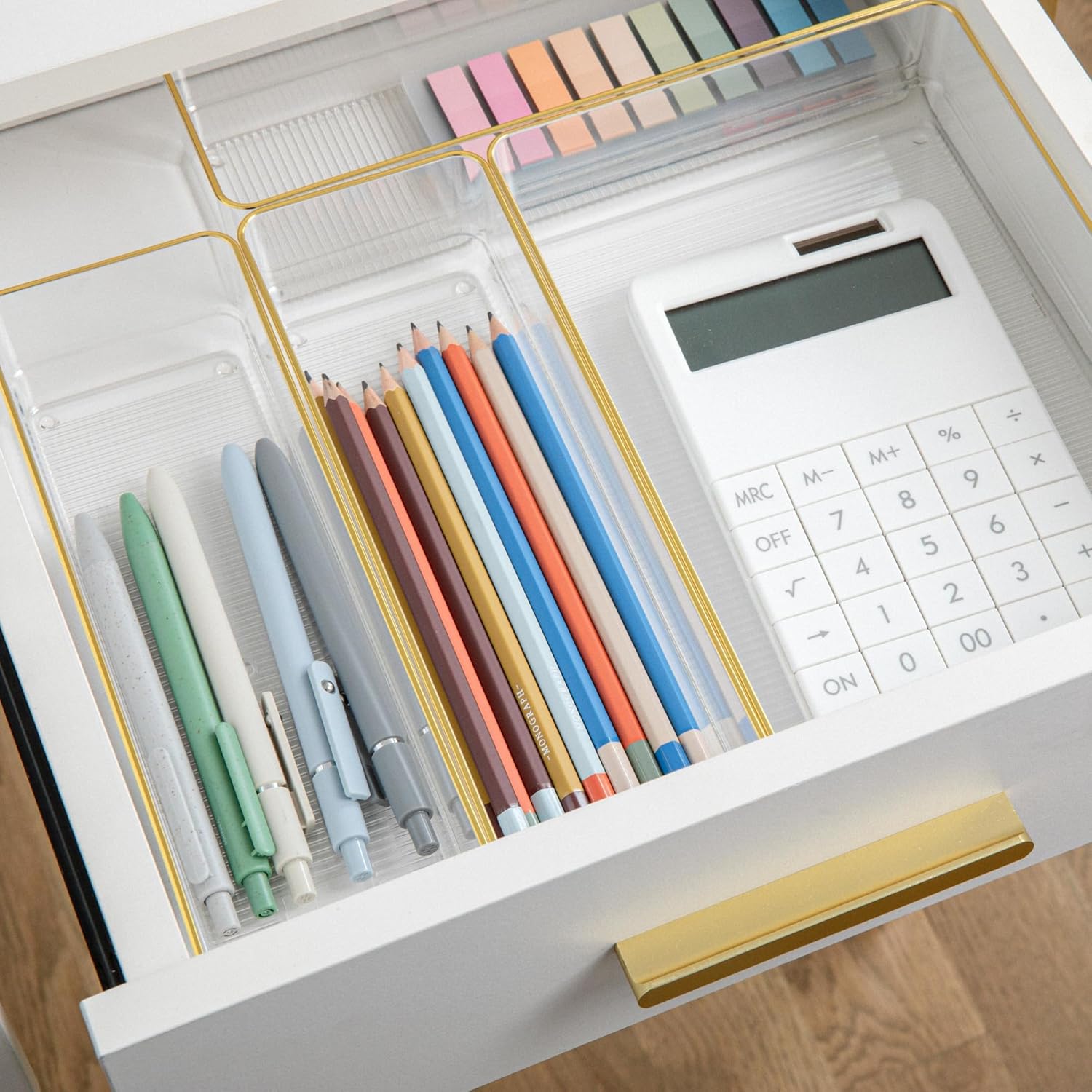 MARTHA STEWART Kerry Plastic Stackable Office Desk Drawer Organizers with Gold Trim