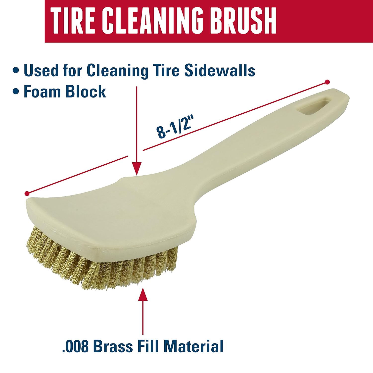Weiler 99593 Tire Cleaning Brush, 0.008" Wire Size, 8-1/2" x 2-9/16" Block Size, 8 x 9 Rows, Brass Fill, Foam Block
