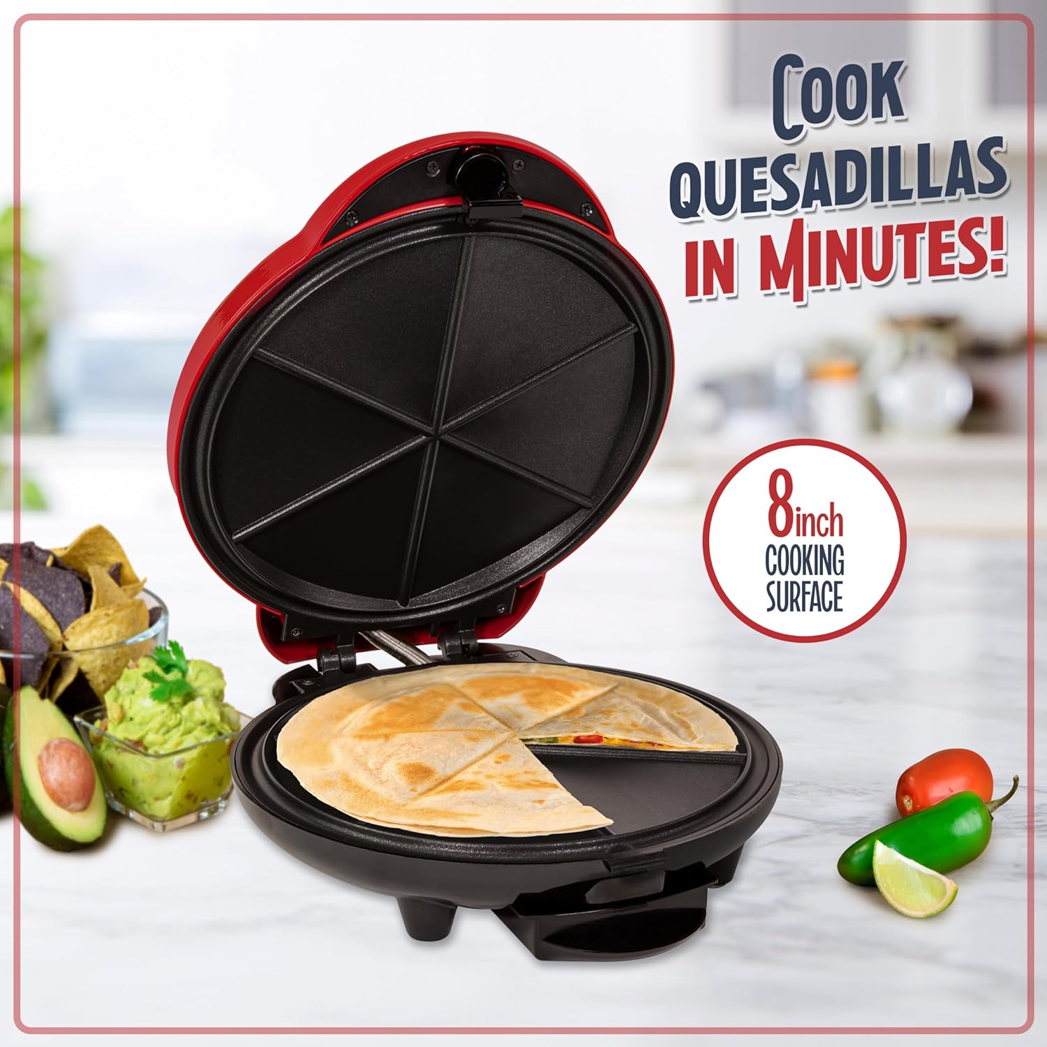 Nostalgia 6-Wedge Electric Quesadilla Maker with Extra Stuffing Latch, 8-inch, Red Original