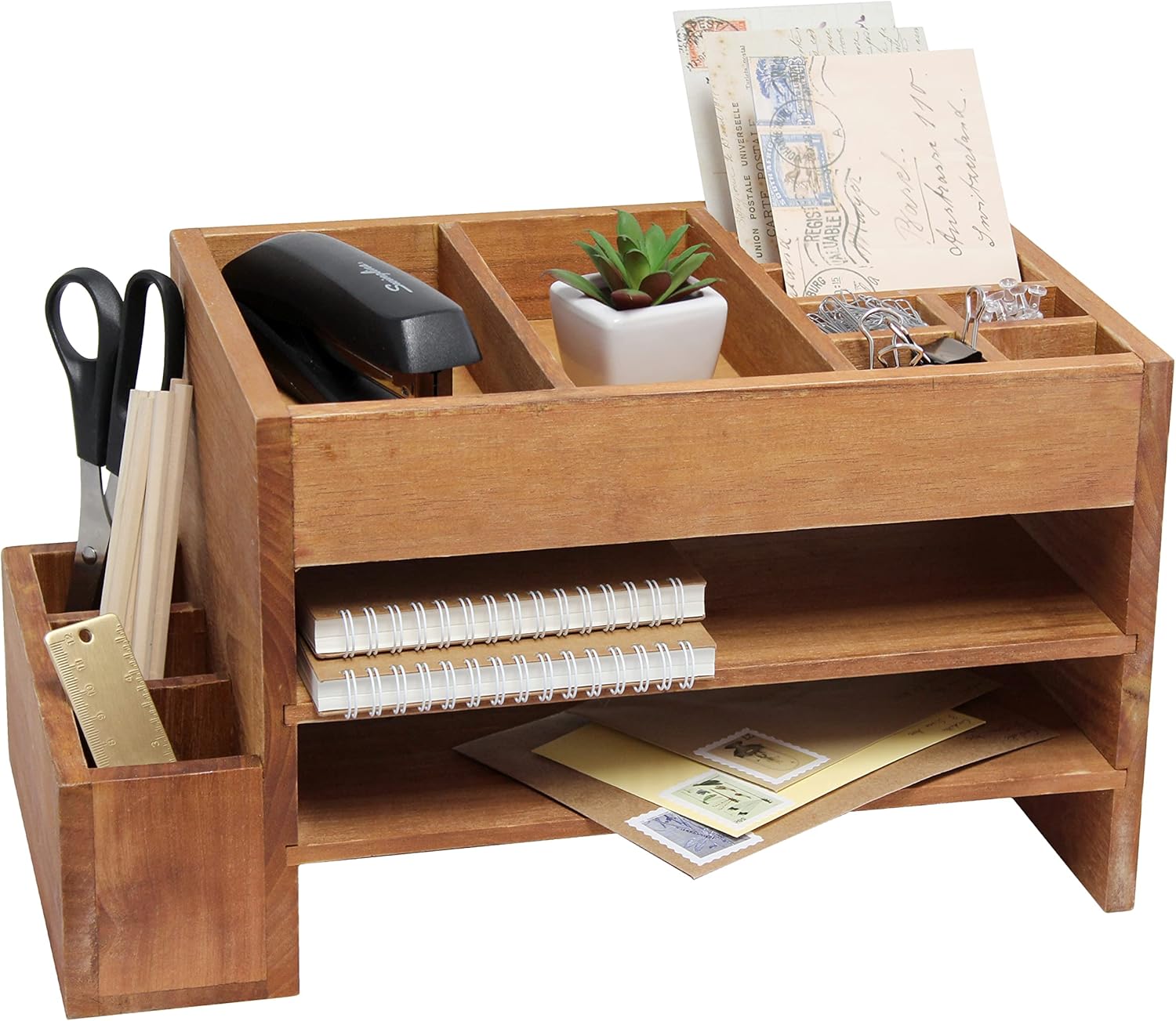 Elegant Designs Home Office Wood Tiered Desk Organizer with Storage Cubbies and Letter Tray