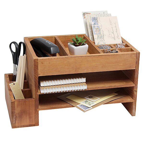 Elegant Designs Home Office Wood Tiered Desk Organizer with Storage Cubbies and Letter Tray