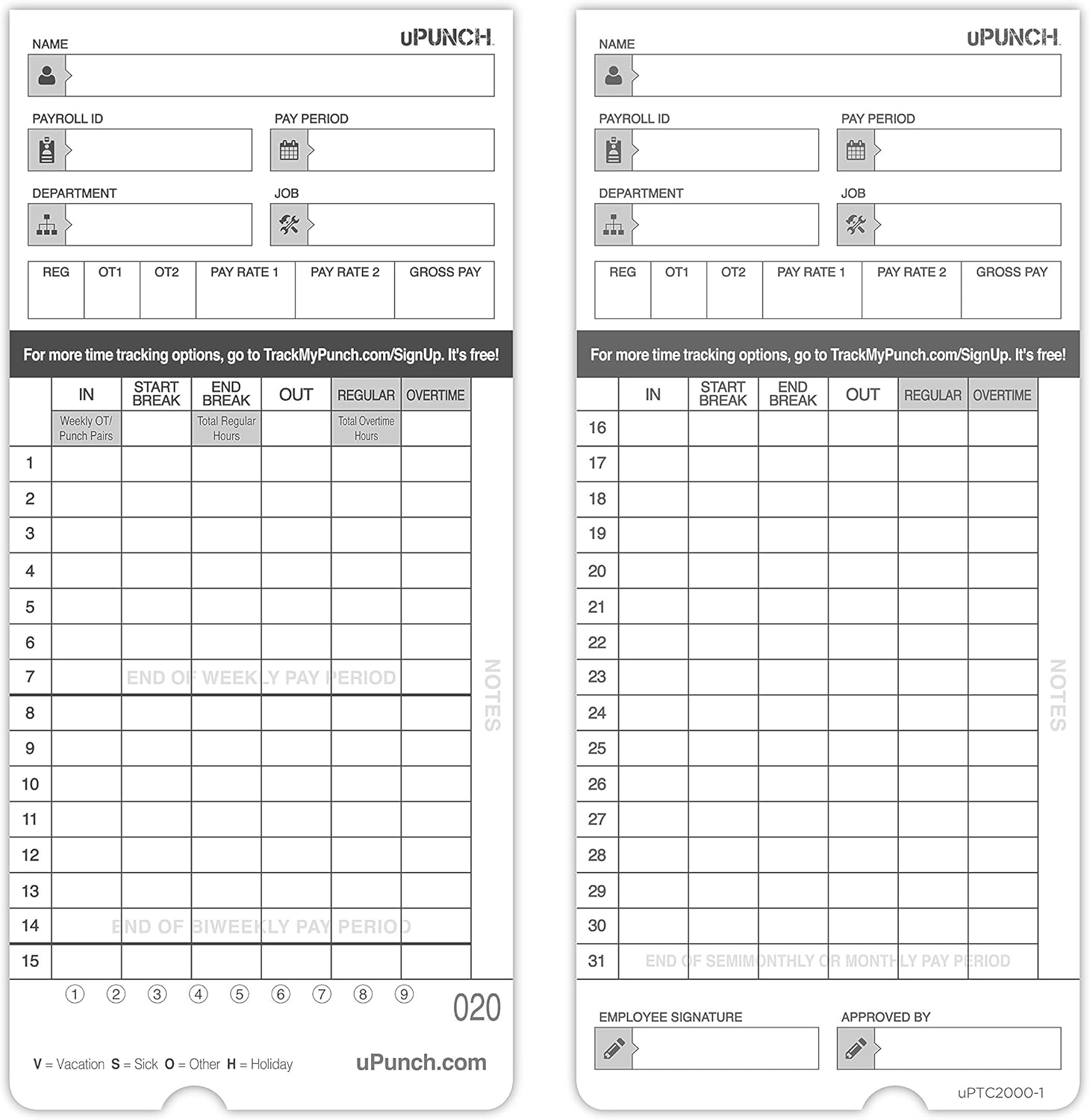 uPunch Time Cards, 2-Sided, 3.5in x 7.5in, Gray, Pack Of 50, HNTCL2050