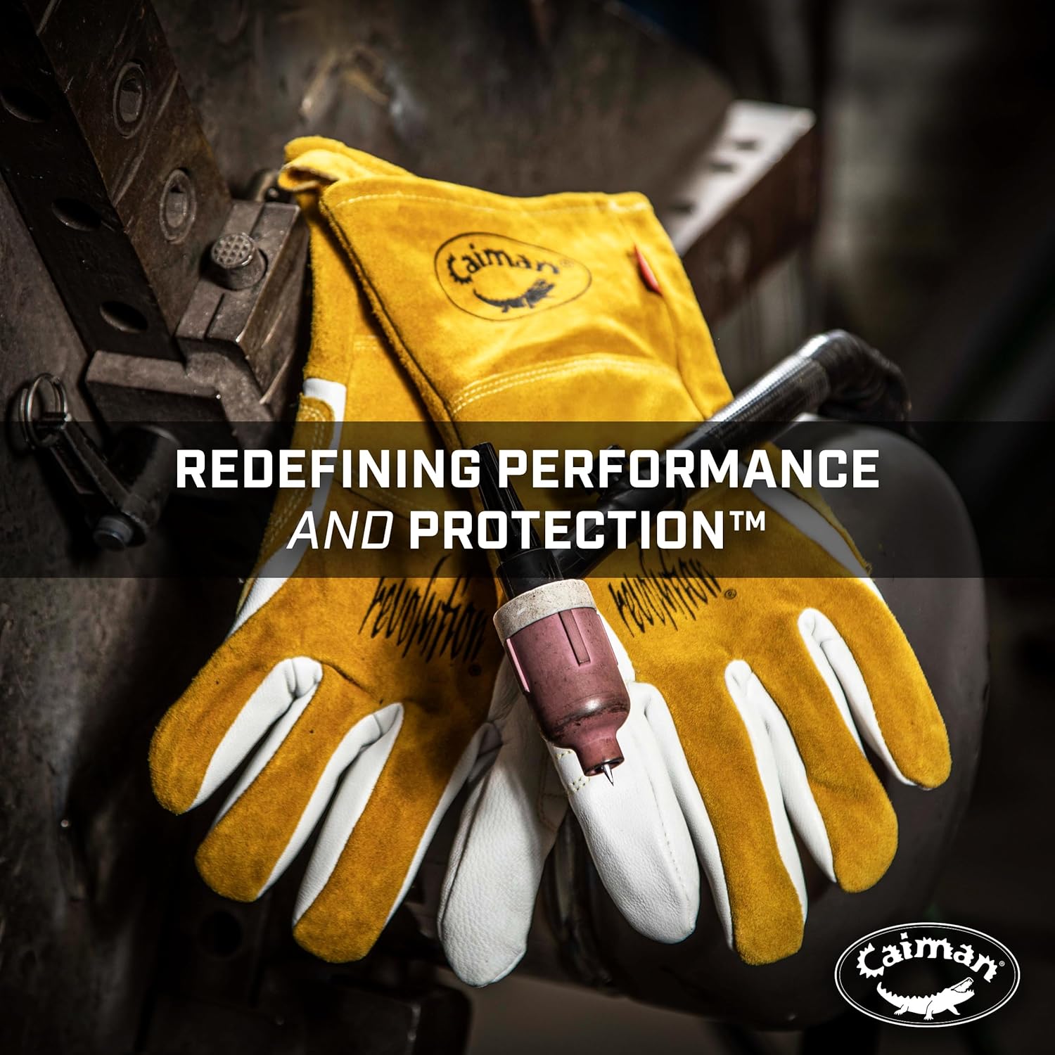Caiman White/Gold Goat Grain Kontour Welding Gloves Arched Wrist Unlined Palm with Insulated Back/Padded Palm/Reinforced