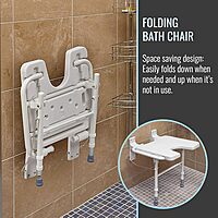 HealthSmart Wall Mount Fold Away Bath Chair Shower Seat Bench with Adjustable Legs, FSA and HSA Eligible, Seat 16 x 16 Inches, White