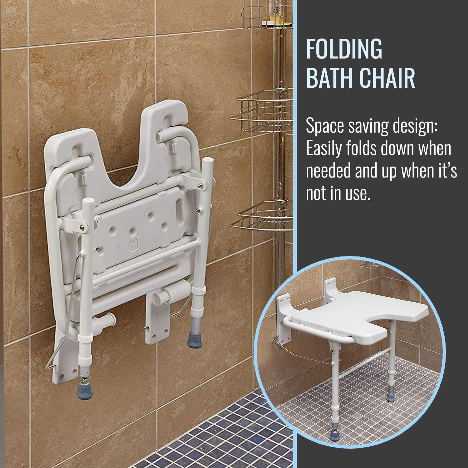 HealthSmart Wall Mount Fold Away Bath Chair Shower Seat Bench with Adjustable Legs, FSA and HSA Eligible