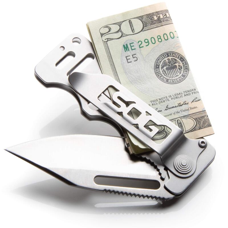 SOG Cash Card Money Clip Pocket Knife- 2.75 Inch Blade EDC Knife with Clip for Pocket, Money or Card Holder, Stainless Steel Handle with Built-In Lanyard Hole (EZ1-CP), Onesize, Satin Polished