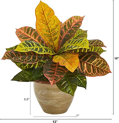 Nearly Natural 15in. Garden Croton Artificial Plant in Ceramic Planter (Real Touch) Orange 15in.