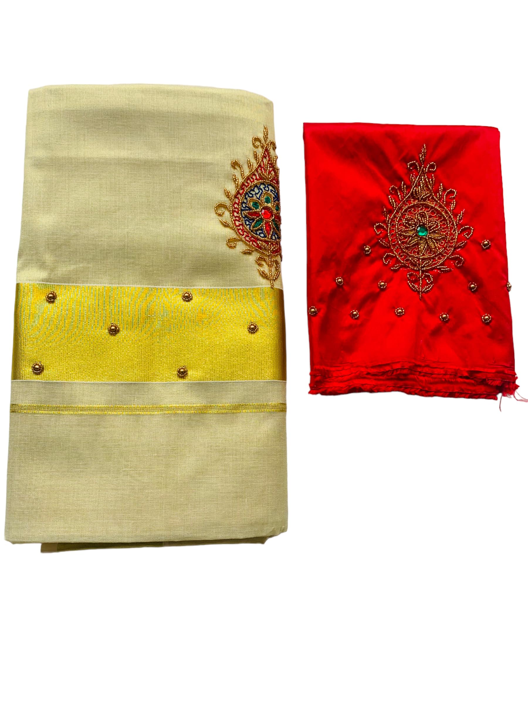 Kuthampully Kerala Kasavu Sarees For Women | Handcrafted Aari work Kerala Sarees | Tissue Onam Saree With Running Blouse | South Indian Sarees | Onam Saree EKM-806-Red