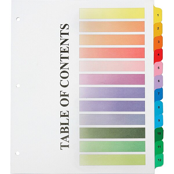 SKILCRAFT Numerical Tab Set, 8 1/2in x 11in, 30% Recycled, Set Of 12, Assorted Colors (AbilityOne 7530-01-621-5258)