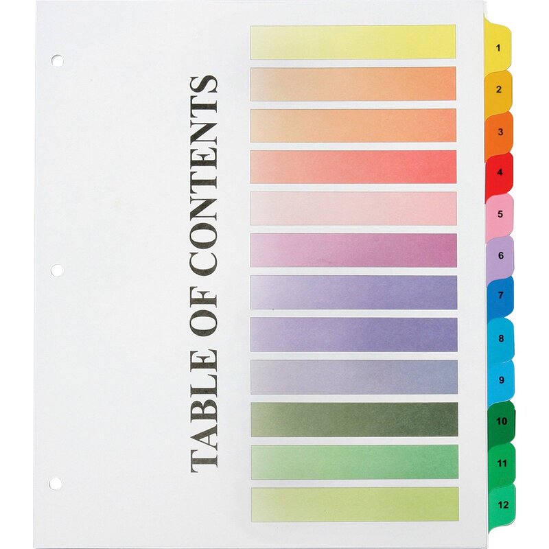 SKILCRAFT Numerical Tab Set, 8 1/2in x 11in, 30% Recycled, Set Of 12, Assorted Colors (AbilityOne 7530-01-621-5258)