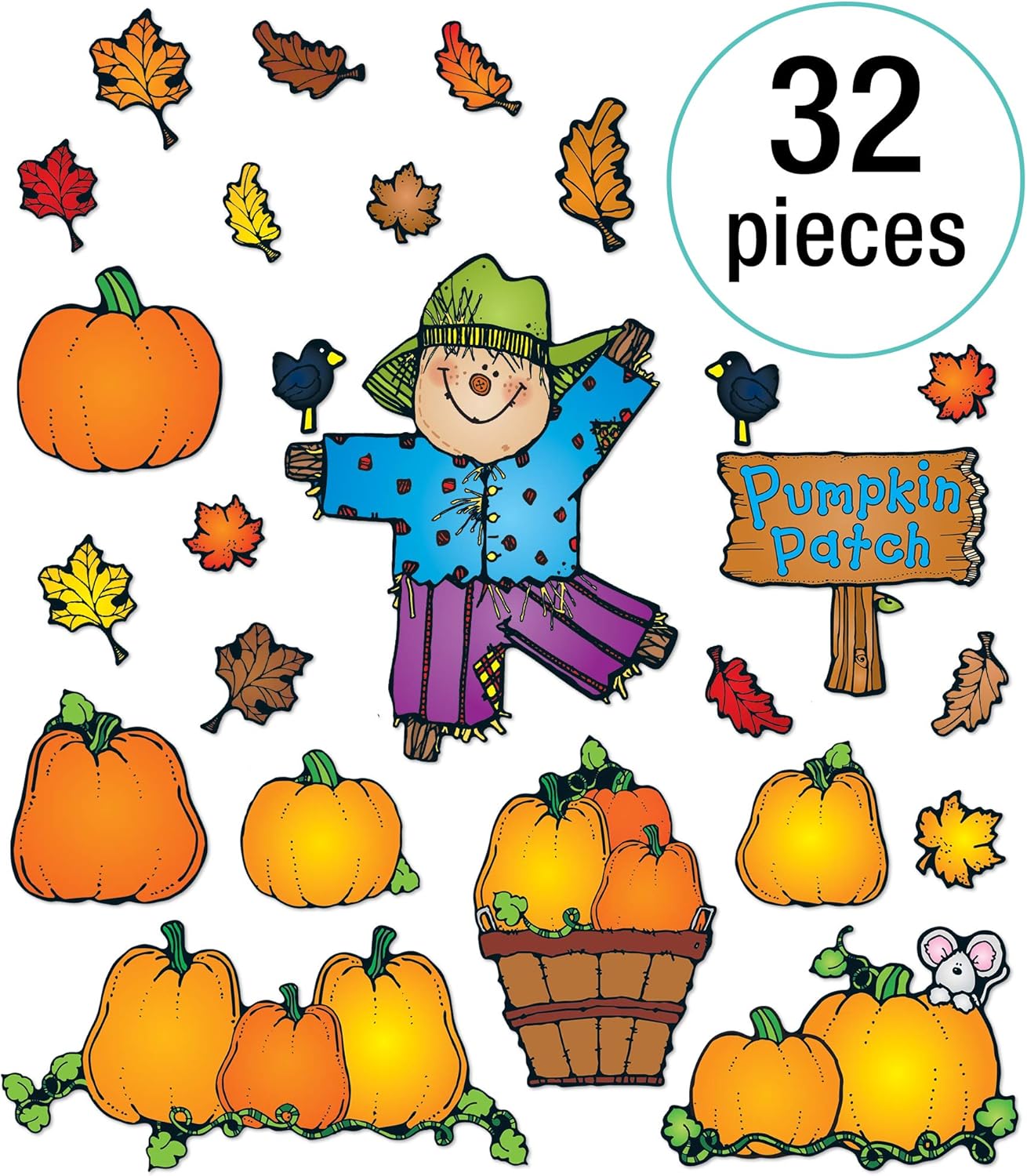 Carson Dellosa 32pc Pumpkin Patch Farmhouse Bulletin Board Set, Scarecrow, Pumpkins, Autumn Leaves Fall Bulletin Board Decorations for Thanksgiving, Halloween, Fall Decor, Wall Decor, Classroom Decor