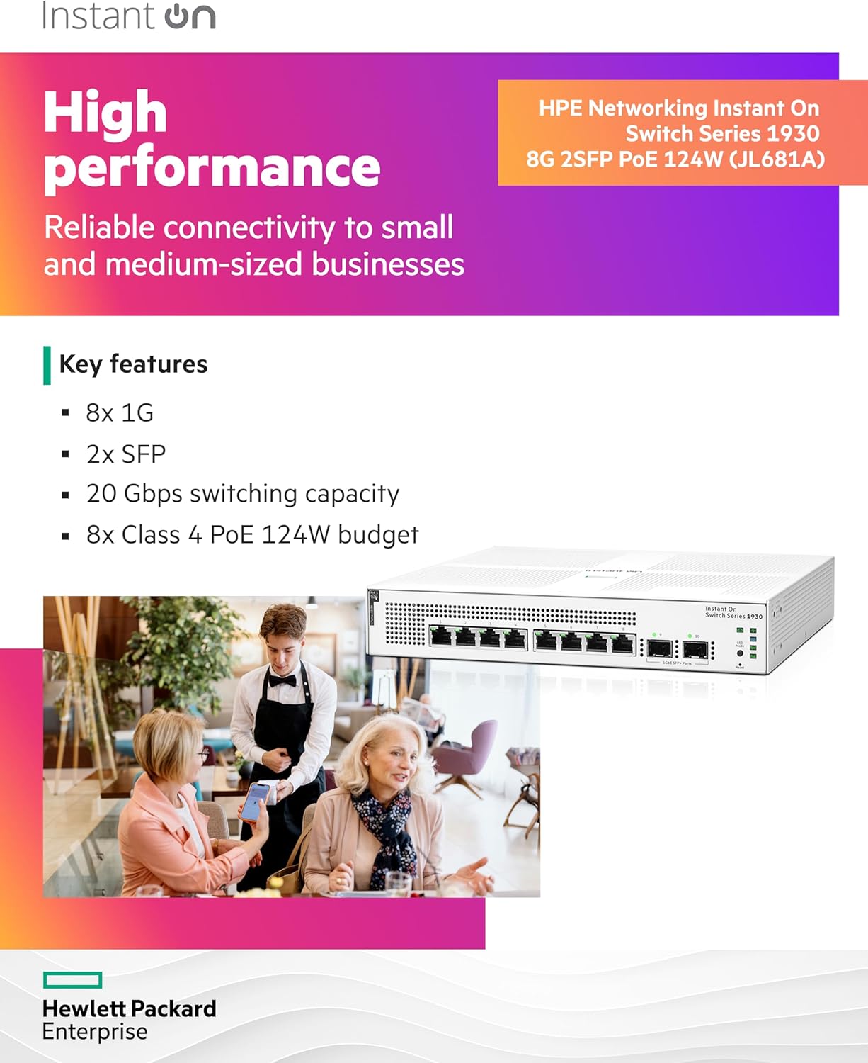 HPE Networking Instant On Switch Series 1930 8-Port Gb Smart-Managed Layer 2+ Ethernet Switch with PoE | 8X 1G | 2X SFP | 8X