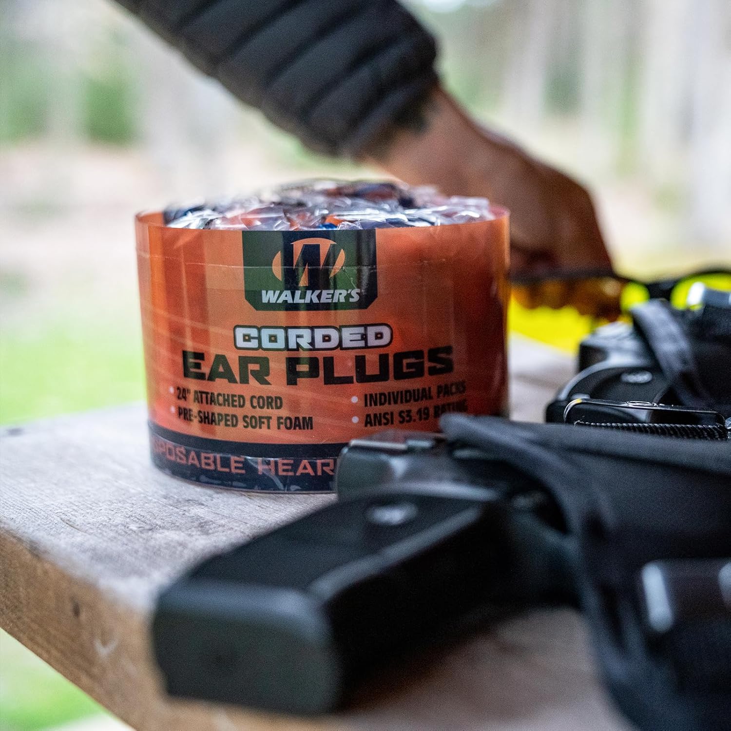 Walker's Corded Foam Earplugs 50 Pair Jar Dispenser Tub 32dB NRR Noise-Blocking ANSI S3.19 Hearing Protection Shooting