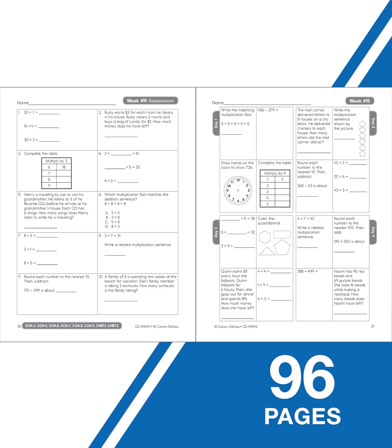 Carson Dellosa Common Core Math 4 Today 3rd Grade Workbooks, Telling Time, Fractions, Addition, Subtraction, Multiplication