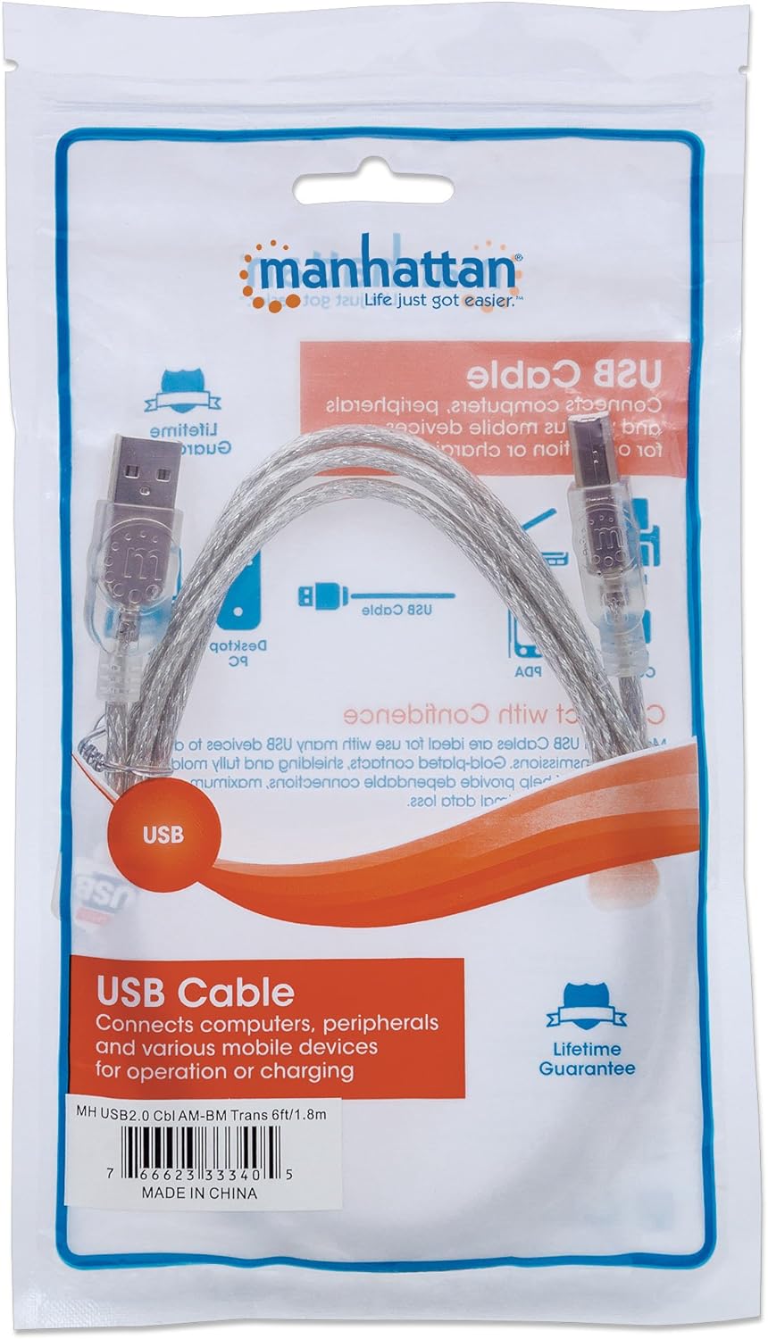 Manhattan A Male/B Male, 1.8m (6 Feet) Translucent Silver Hi-Speed USB Device Cable (333405)