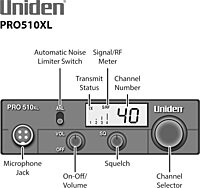 Uniden PRO510XL Pro Series 40-Channel CB Radio. Compact Design. Backlit LCD Display. Public Address. ANL Switch and 7 Watts of Audio Output. Unique PLL Circuit. S/RF LED Meter. , Black
