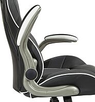 OSP Home Furnishings Xplorer 51 Ergonomic Adjustable High Back Gaming Chair with Lumbar Support and Padded Flip Arms, Black Faux Leather with White Trim
