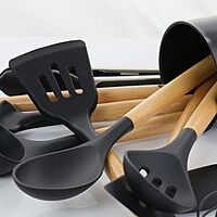 MegaChef Tool Wooden Cookware Utensil Set, 12 Piece, Black and Wood Texture