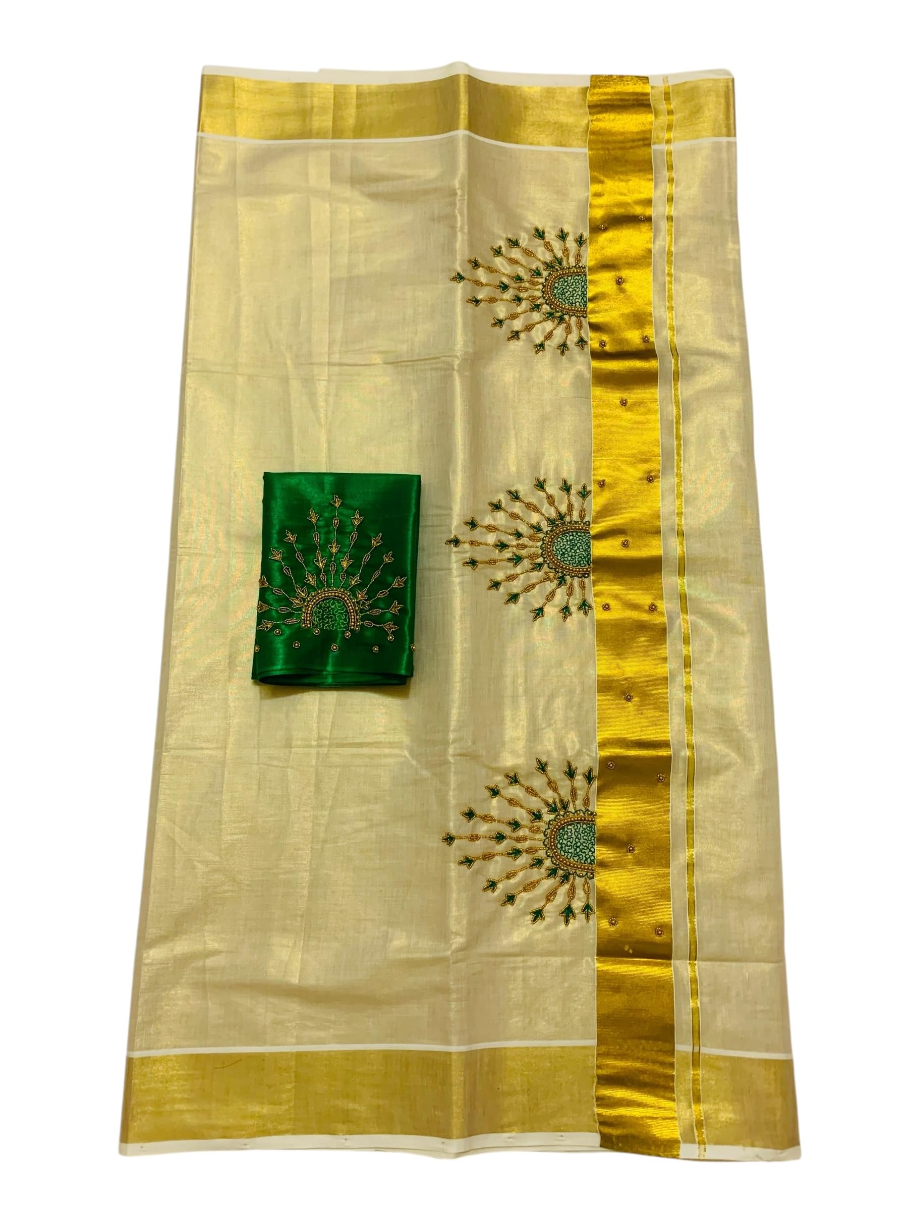 Kuthampully Kerala Kasavu Sarees For Women | Handcrafted Aari work Kerala Sarees | Tissue Onam Saree With Running Blouse | South Indian Sarees | Onam Saree EKM-858 (Green)