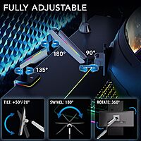 Mount-It! Heavy Duty Dual Monitor Arm up to 35 in. 44 lbs Screens, RGB Lights, 75x75 100x100 VESA Desk Mount for 2 Widescreen Curved Monitors 27 32 34 35 inches, Gas Spring, Clamp, Grommet, RGB Lights