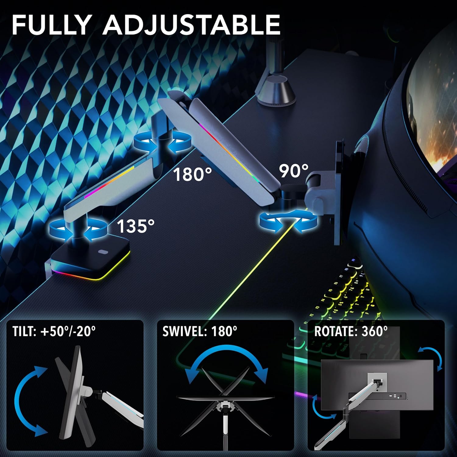 Mount-It! Heavy Duty Dual Monitor Arm up to 35 in. 44 lbs Screens, RGB Lights
